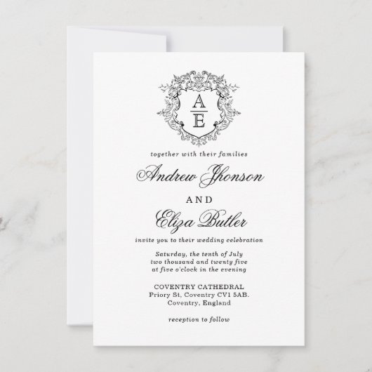 黒フォーマル白リーピークレストモノグラム結婚ズ 招待状 (正面)