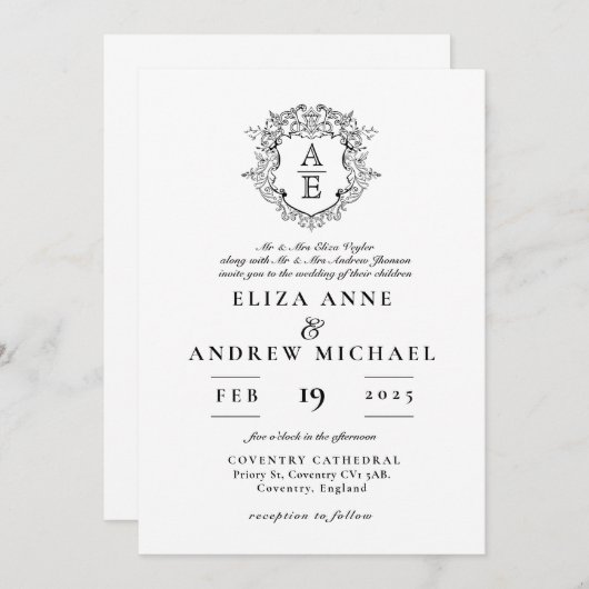 黒フォーマル白リーピークレストモノグラム結婚ズ 招待状 (正面/裏面)