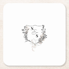 黒フォーマル/白フローラクレストモノグラム結婚ズ スクエアペーパーコースター