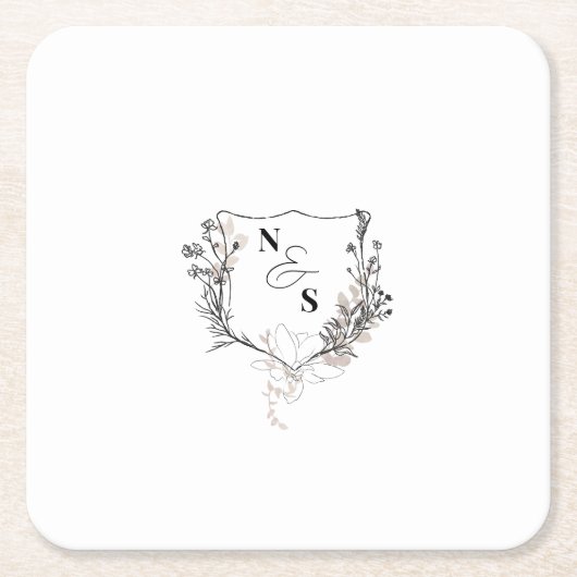 黒フォーマル/白フローラクレストモノグラム結婚ズ スクエアペーパーコースター (正面)