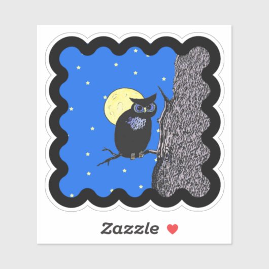 黒フクロウの月が木に座って波打縁どつ シール (シート)