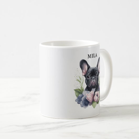 黒フパーソナライズされたレンチパグ犬の水色 コーヒーマグカップ (正面右)