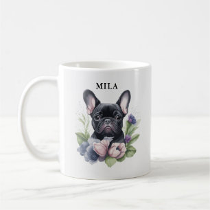 黒フパーソナライズされたレンチパグ犬の水色 コーヒーマグカップ