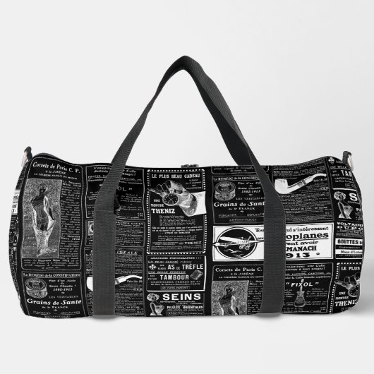 黒フランスのアンティークビクトリアン新聞 ダッフルバッグ (正面)