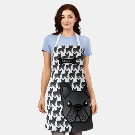 黒フランスのブルドッグかわいい漫画の犬と名前 エプロン (着用した状態)