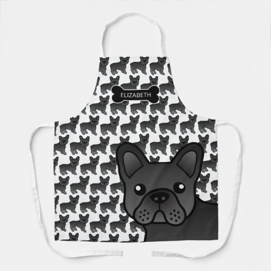 黒フランスのブルドッグかわいい漫画の犬と名前 エプロン (正面)