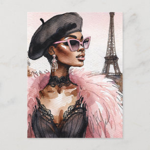黒フランスの人女性エッフェルタワーアート ポストカード