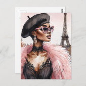 黒フランスの人女性エッフェルタワーアート ポストカード (正面/裏面)