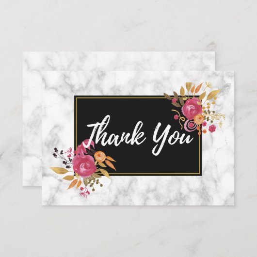 黒フレームのピンクの花束 ウェディングサンクスカード 招待状 (正面/裏面)