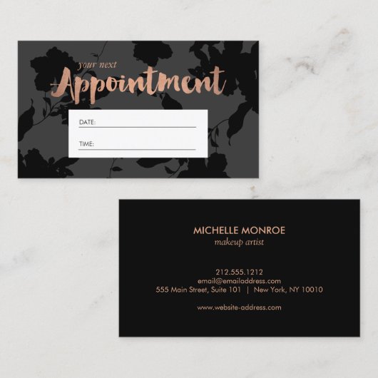 黒フローラバラ金ゴールド文字サロンアポイントメント 予約カード (正面/裏面)