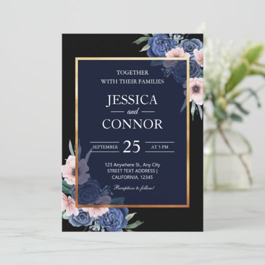 黒フローラ素朴エレガント結婚モダン金ゴールド 招待状 (スタンド正面)