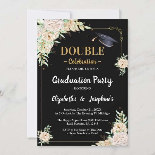 黒フローラ赤面共同卒業パーティー2枚 招待状 (正面)