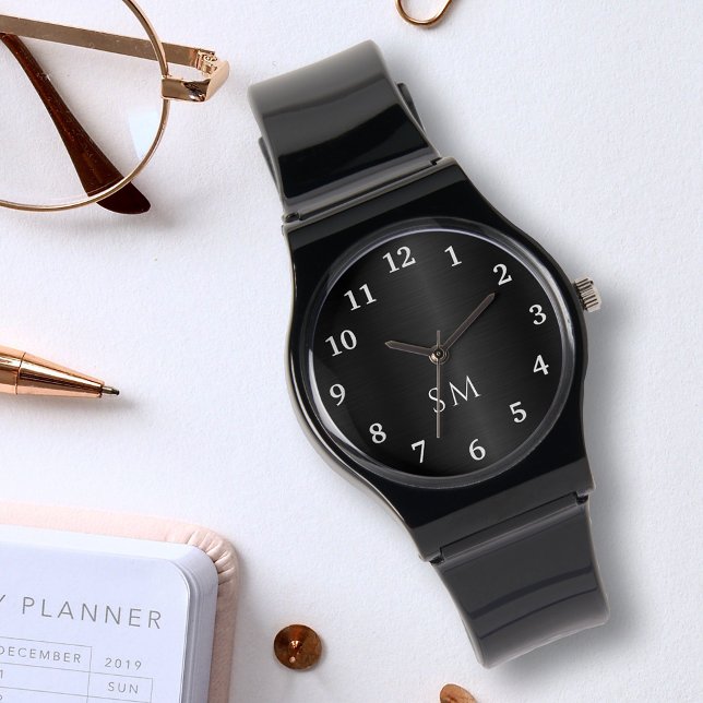 黒ブラシ仕上げメタルおよび白モノグラムのイニシャル 腕時計 (クリエイターアップロード済み)