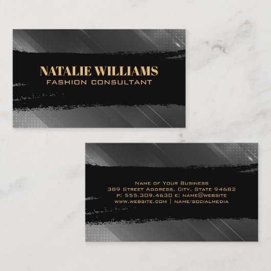 黒ブラシ付きストローク | グレーの抽象芸術背景 名刺 (正面/裏面)