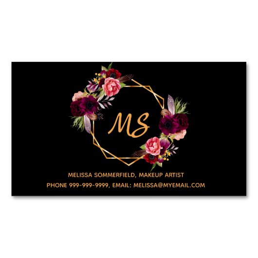 黒ブルゴーニュ花模様金ゴールドジオモノグラムエレガント マグネット名刺 (正面)