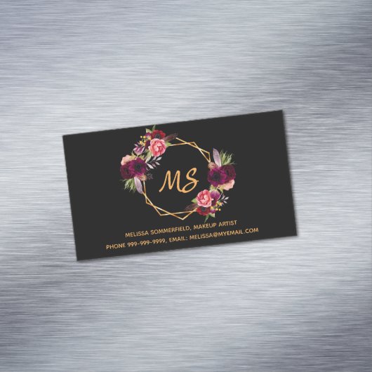 黒ブルゴーニュ花模様金ゴールドジオモノグラムエレガント マグネット名刺 (インサイチュ)