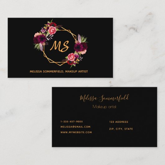 黒ブルゴーニュ花模様金ゴールドジオモノグラムエレガント 名刺 (正面/裏面)