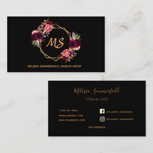 黒ブルゴーニュ花模様金ゴールドモノグラムSNS 名刺 (正面/裏面)