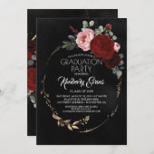 黒ブルゴーニュ赤と金ゴールドフローラ卒業 招待状 (正面/裏面)