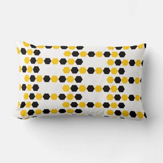 黒ブンブンいう音黄色幾何学六角16進パターン ランバークッション (正面)