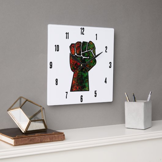 黒プライド赤い緑の拳パンアフリカ国旗の団結 スクエア壁時計 (オフィス)