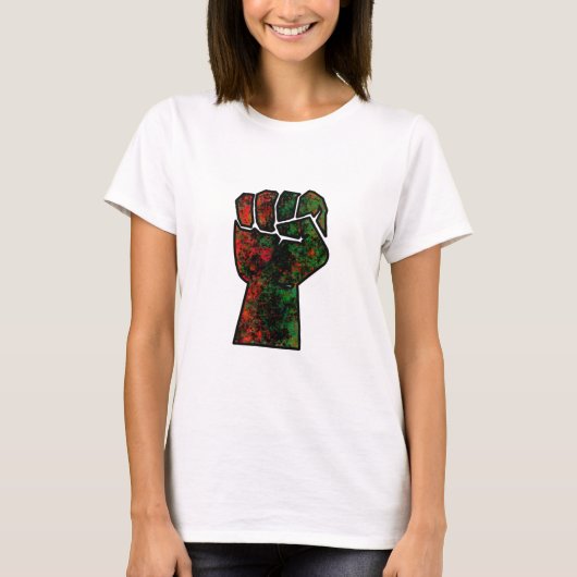 黒プライド赤い緑の拳パンアフリカ国旗の団結 Tシャツ (正面)