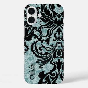 黒ベクターダマスクヴィンテージ青 iPhone 16 PLUSケース