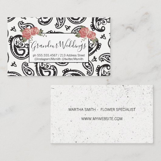 黒ペイズリー花柄 |バラ 名刺 (正面/裏面)