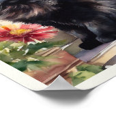 黒ペルシャ猫の水彩赤いアスター ポスター (角)