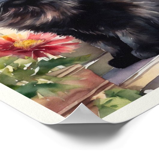 黒ペルシャ猫の水彩赤いアスター ポスター (角)