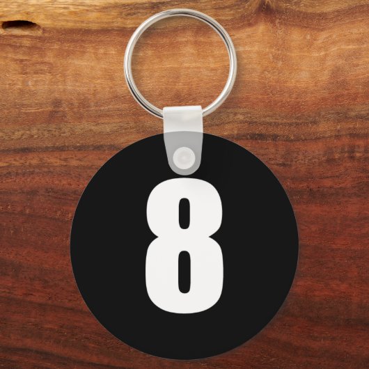 黒ボタンのキーチェーンの白の数値8 キーホルダー (正面)