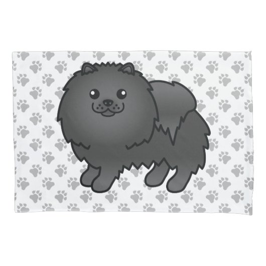 黒ポメラニアン かわいい カートゥーン 犬 と 肉球 枕カバー (正面)