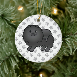 黒ポメラニアン かわいい カートゥーン 犬 & 肉球 セラミックオーナメント