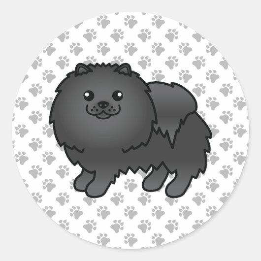 黒ポメラニアン かわいい カートゥーン 犬 & 肉球 ラウンドシール (正面)