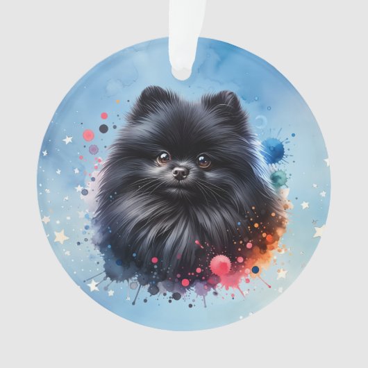黒ポメラニア犬水彩イラストレーション オーナメント (正面)