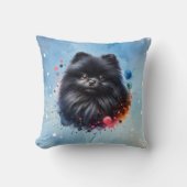 黒ポメラニア犬水彩イラストレーション クッション (正面)