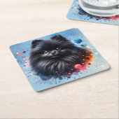 黒ポメラニア犬水彩イラストレーション スクエアペーパーコースター (アングル)