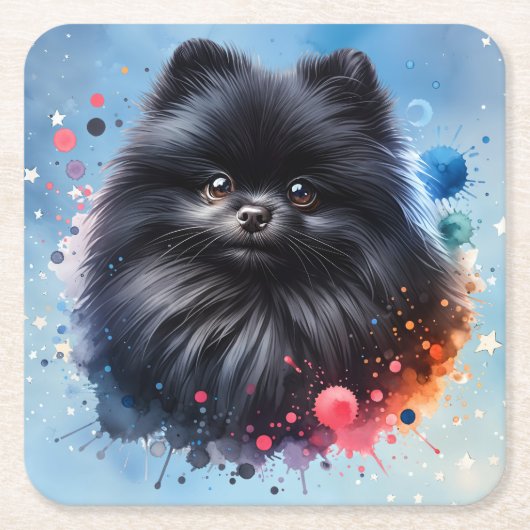 黒ポメラニア犬水彩イラストレーション スクエアペーパーコースター (正面)