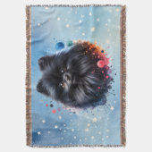 黒ポメラニア犬水彩イラストレーション スローブランケット (正面縦)