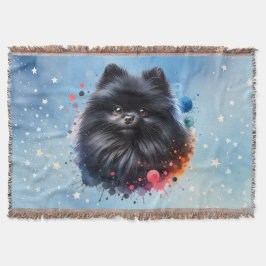 黒ポメラニア犬水彩イラストレーション スローブランケット