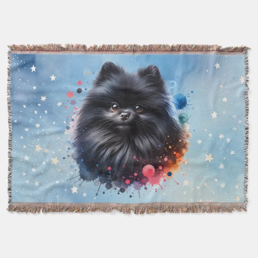 黒ポメラニア犬水彩イラストレーション スローブランケット (正面)