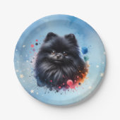 黒ポメラニア犬水彩イラストレーション ペーパープレート (正面)