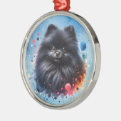 黒ポメラニア犬水彩イラストレーション メタルオーナメント (左)