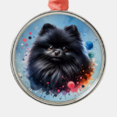 黒ポメラニア犬水彩イラストレーション メタルオーナメント (正面)