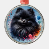 黒ポメラニア犬水彩イラストレーション メタルオーナメント (正面)