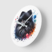 黒ポメラニア犬水彩イラストレーション ラウンド壁時計 (傾斜)
