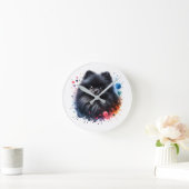 黒ポメラニア犬水彩イラストレーション ラウンド壁時計 (ホーム)