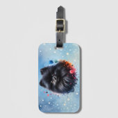黒ポメラニア犬水彩イラストレーション ラゲッジタグ (正面縦)