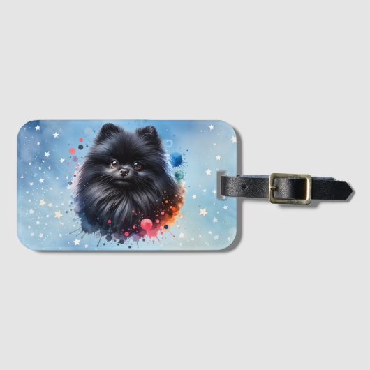 黒ポメラニア犬水彩イラストレーション ラゲッジタグ (正面横)