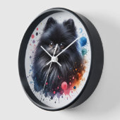 黒ポメラニア犬水彩イラストレーション 壁時計 (傾斜)